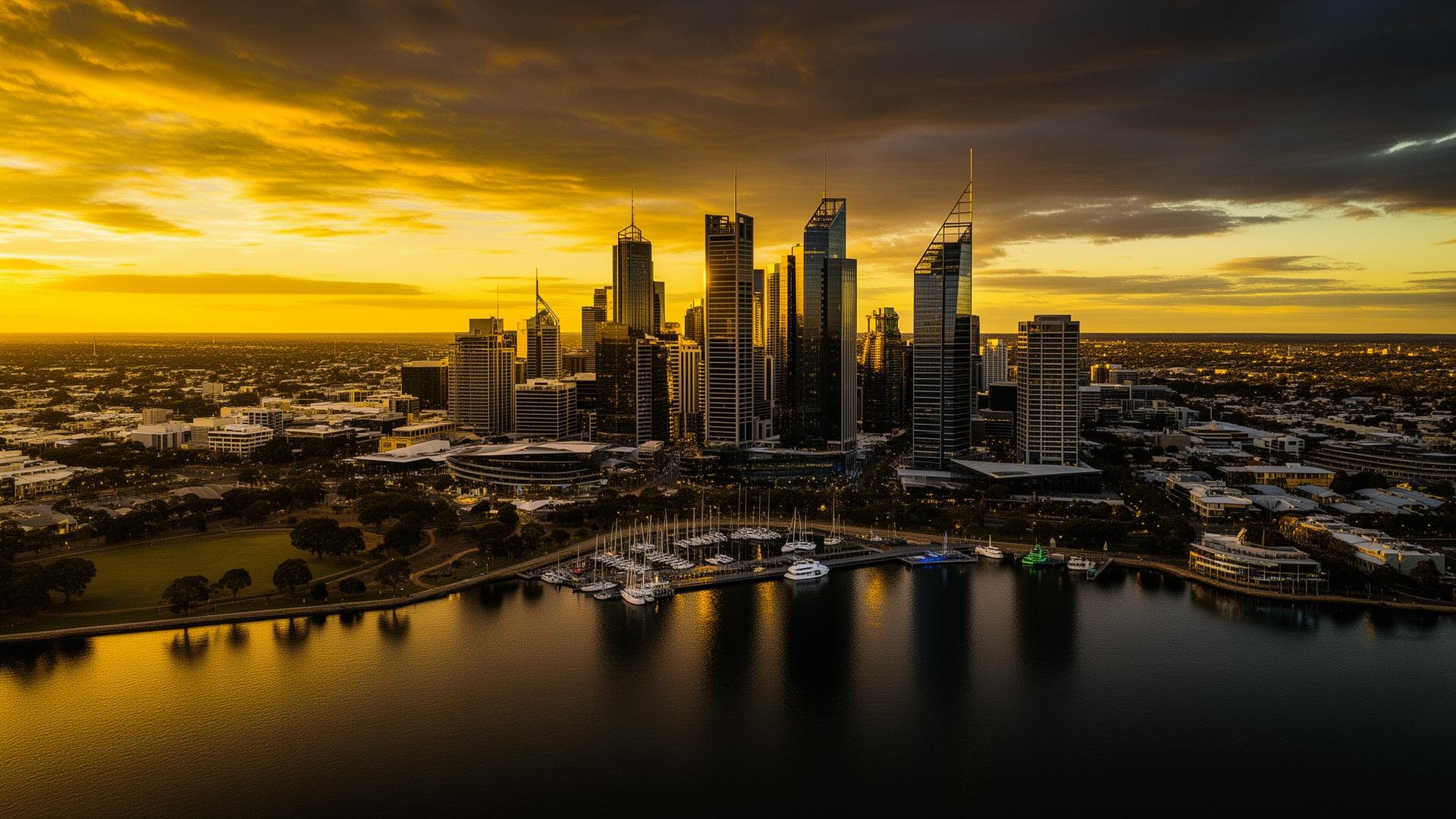 Perth city skyline at golden hour